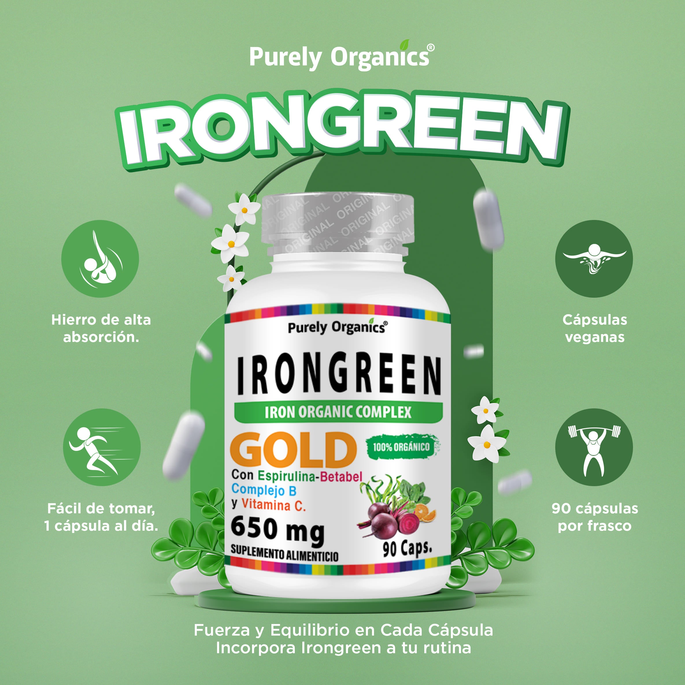 Irongreen: Energía y Vitalidad en Cada Cápsula. Hierro de alta absorción que se integra fácilmente en tu rutina diaria, ayudando a mantener tu cuerpo en equilibrio con solo una cápsula al día.